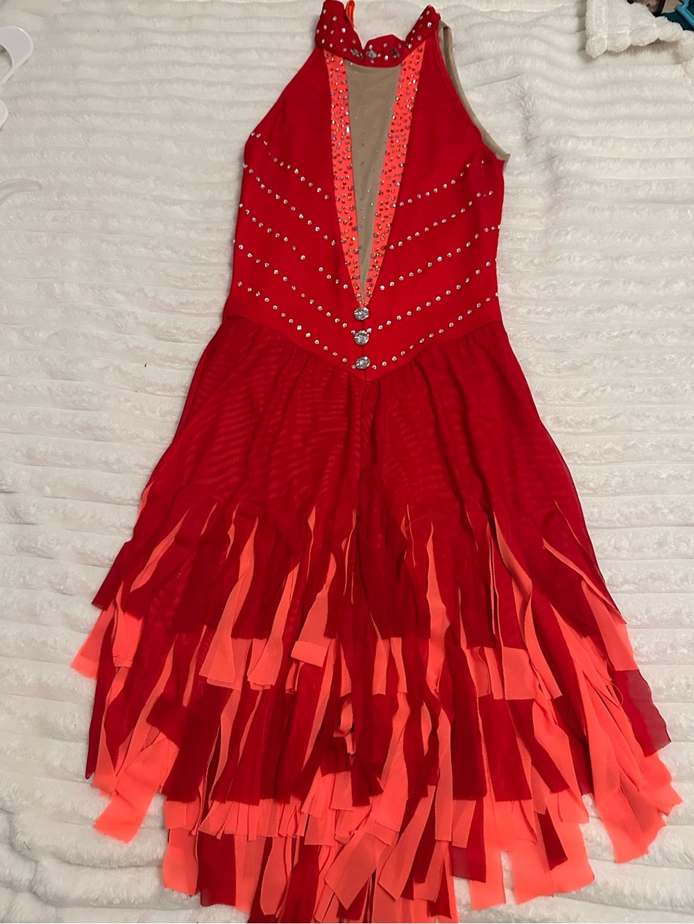 Adult Medium Red Halter Fringe figure skating/Dance costume Dress with Sparkle